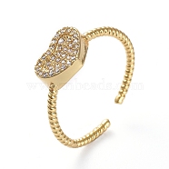 Adjustable Brass Cuff Finger Rings, with Micro Pave Cubic Zirconia, Heart, Clear, Golden, Size 7, 17.1mm(X-RJEW-G096-23G)