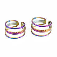 Hollow 3 Line Cuff Rings, Rainbow Color 304 Stainless Steel Wide Open Rings for Women, US Size 7(17.3mm)(RJEW-N038-010)