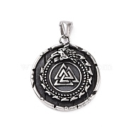 304 Stainless Steel Pendants, Flat Round with Valknut & Helm of Awe, Antique Silver, 42x37x6.5mm, Hole: 4x8.5mm(STAS-J039-05AS)