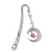 Alloy Moon Pendant Bookmark, Tibetan Style Alloy Hook Bookmarks, with Glass Pearl, Pale Violet Red, 112mm(AJEW-JK00296-02)