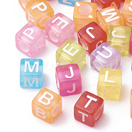 Transparent Acrylic Beads, Horizontal Hole, Cube with Initial Letter, Mixed Color, 6x6x6mm, Hole: 3mm, about 3000pcs/500g(TACR-Q263-02)