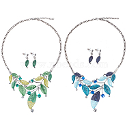 2 Sets 2 Colors Alloy Enamel Leaf Dangle Stud Earrings & Bib Necklace, Jewelry Set for Women, Mixed Color, 37.5x9mm, 470mm, 1 Set/color(SJEW-AN0001-49)