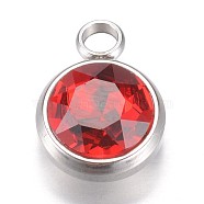 Glass Charms, July Birthstone Charms, Faceted, with 304 Stainless Steel Findings, Flat Round, Red, 14x10x6.5mm, Hole: 2.5mm(GLAA-G019-P08)