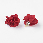 Cloth Pendant Decorations, with Acrylic Findings, Flower, Red, 25~30x28~35mm, Hole: 2mm(X-FIND-P026-D04)