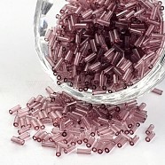 Transparent Colours Round Hole Glass Bugle Beads, Old Rose, 3~5x1.8~2mm, Hole: 0.8mm, about 12000pcs/450g(SEED-I001-16)