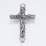 304 Stainless Steel Links connectors, Cross with Rose, Antique Silver, 39x22x3.5mm, Hole: 3mm(STAS-I072-093AS)
