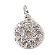 Brass Micro Pave Clear Cubic Zirconia Charms, Flat Round with Star, with Open Jump Rings, Platinum, 12.5x10x1.5mm, Ring: 5x0.8mm, Hole: 3mm(ZIRC-F132-28P)