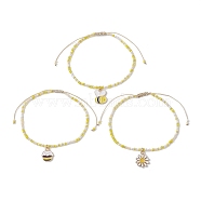 3Pcs 3 Style Bees & Flower Alloy Enamel Charm Bracelets Set, Glass Seed Beaded Stackable Bracelets, Yellow, Inner Diameter: 2-1/8~3-3/8 inch(5.5~8.5cm), 1Pc/style(BJEW-JB09952)