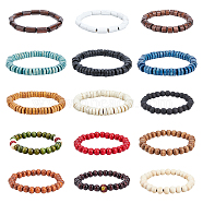 15Pcs 15 Style Round & Column & Disc Wood Beaded Stretch Bracelets Set, Mixed Color, Inner Diameter: 2~2-1/2 inch(52~62mm), 1Pc/style(BJEW-FI0001-26)