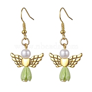 Angel Antique Golden Alloy & Resin Dangle Earrings, Imitation Pearl Acrylic Drop Earrings, Dark Olive Green, 45x21.5mm(EJEW-JE05686-03)