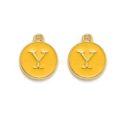 Golden Plated Alloy Enamel Charms, Enamelled Sequins, Flat Round with Alphabet, Letter.Y, Yellow, 14x12x2mm, Hole: 1.5mm(X-ENAM-Q437-13Y)