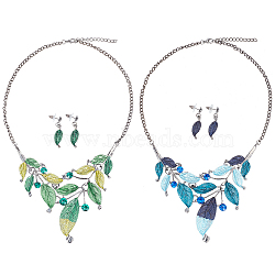 2 Sets 2 Colors Alloy Enamel Leaf Dangle Stud Earrings & Bib Necklace, Jewelry Set for Women, Mixed Color, 37.5x9mm, 470mm, 1 Set/color(SJEW-AN0001-49)