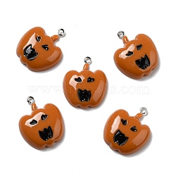 Halloween Opaque Resin Pendants, with Platinum Tone Iron Loops, Pumpkin with Evil Face, Chocolate, 27x23x7mm, Hole: 2mm(RESI-D055-098P)