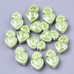 Handmade Porcelain Beads, Bright Glazed Porcelain Style, Heart, Yellow Green, 16x10.5x6.5mm, Hole: 1.2mm(X-PORC-T005-005D)