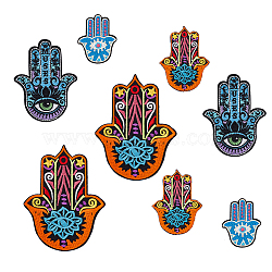 8Pcs 4 Style Hamsa Hand with Evil Eye Pattern Cloth Computerized Embroidery Iron On/Sew On Patches, Mixed Color, 56~121x43.5~91x1.5~2mm, 2pcs/style(PATC-GA0001-14)