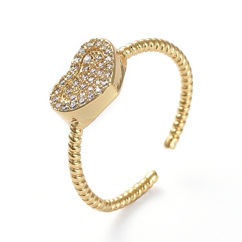 Adjustable Brass Cuff Finger Rings, with Micro Pave Cubic Zirconia, Heart, Clear, Golden, Size 7, 17.1mm