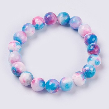 Natural Jade Beaded Stretch Bracelet, Dyed, Round, Deep Sky Blue, 2 inch(5cm), beads: 10mm