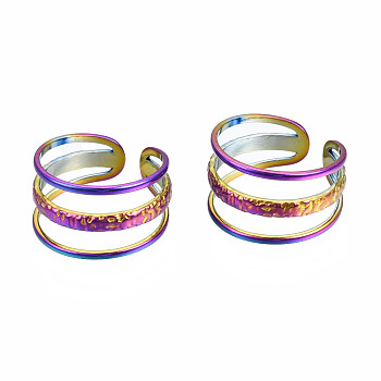 Hollow 3 Line Cuff Rings, Rainbow Color 304 Stainless Steel Wide Open Rings for Women, US Size 7(17.3mm)