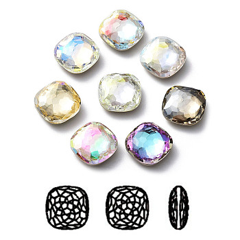 K9 Glass Rhinestone Cabochons, Flat Back & Back Plated, Faceted, Square, Mixed Color, 10x10mm
