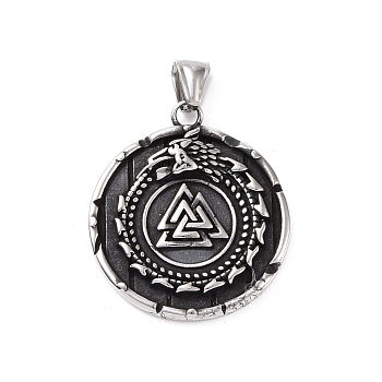 304 Stainless Steel Pendants, Flat Round with Valknut & Helm of Awe, Antique Silver, 42x37x6.5mm, Hole: 4x8.5mm
