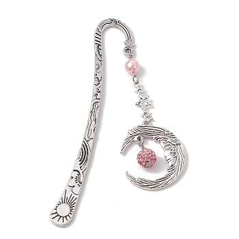 Alloy Moon Pendant Bookmark, Tibetan Style Alloy Hook Bookmarks, with Glass Pearl, Pale Violet Red, 112mm