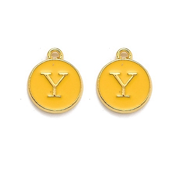 Golden Plated Alloy Enamel Charms, Enamelled Sequins, Flat Round with Alphabet, Letter.Y, Yellow, 14x12x2mm, Hole: 1.5mm