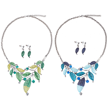 2 Sets 2 Colors Alloy Enamel Leaf Dangle Stud Earrings & Bib Necklace, Jewelry Set for Women, Mixed Color, 37.5x9mm, 470mm, 1 Set/color