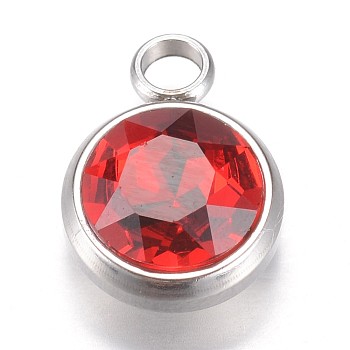 Glass Charms, July Birthstone Charms, Faceted, with 304 Stainless Steel Findings, Flat Round, Red, 14x10x6.5mm, Hole: 2.5mm