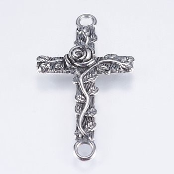 304 Stainless Steel Links connectors, Cross with Rose, Antique Silver, 39x22x3.5mm, Hole: 3mm