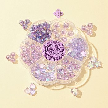 DIY Beads Jewelry Making Finding Kit, Including Transparent & Rainbow Iridescent Acrylic Round & Polymer Clay Disc Beads, Purple, 285Pcs/box