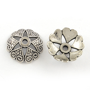 Tibetan Style Alloy Bead Caps, Lead Free, 6-Petal Flower, Antique Silver, 14x5mm, Hole: 1.6mm, about 1130pcs/1000g