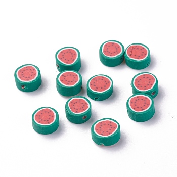 Handmade Polymer Clay Beads, Watermelon Slice, Red, 9.5~10x5mm, Hole: 1.6mm