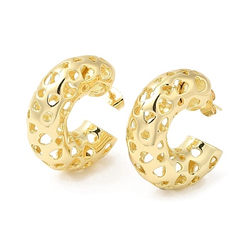 Brass Grooved Round Stud Earrings, Half Hoop Earrings for Women, Real 16K Gold Plated, 30x30~30.5mm