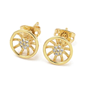 Brass Micro Pave Cubic Zirconia Stud Earrings, Wheel Shape, Real 18K Gold Plated, 9.5mm