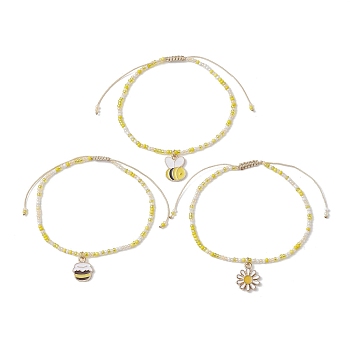 3Pcs 3 Style Bees & Flower Alloy Enamel Charm Bracelets Set, Glass Seed Beaded Stackable Bracelets, Yellow, Inner Diameter: 2-1/8~3-3/8 inch(5.5~8.5cm), 1Pc/style