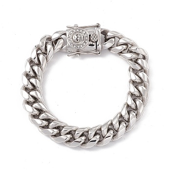 304 Stainless Steel Curb Chains Bracelet with Rhinestone Skull Clasp for Women, Stainless Steel Color, 9-1/4 inch(23.5cm)