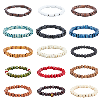 15Pcs 15 Style Round & Column & Disc Wood Beaded Stretch Bracelets Set, Mixed Color, Inner Diameter: 2~2-1/2 inch(52~62mm), 1Pc/style