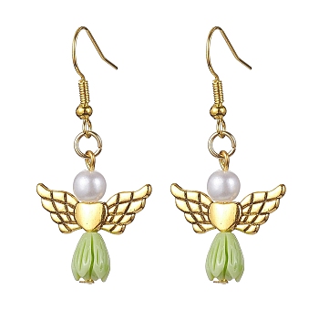 Angel Antique Golden Alloy & Resin Dangle Earrings, Imitation Pearl Acrylic Drop Earrings, Dark Olive Green, 45x21.5mm