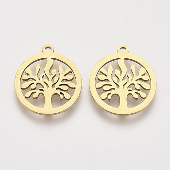 201 Stainless Steel Pendants, Laser Cut Pendants, Flat Round with Tree, Golden, 17.5x15.5x1mm, Hole: 1.2mm