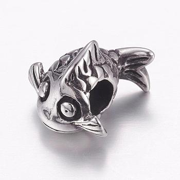 304 Stainless Steel European Beads, Large Hole Beads, Goldfish, Antique Silver, 16x14x11mm, Hole: 5mm