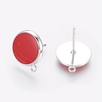 Brass Stud Earring Findings, with Loop, Enamel, Flat Round, Red, Real Platinum Plated, 16.5x14x1.5~2mm, Hole: 1.8mm, Pin: 0.8mm
