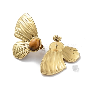 201 Natural Stainless Steel Butterfly with Natural Tiger Eye Stud Earrings(EJEW-D084-08G)-4