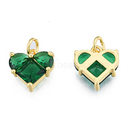 Glass Charms, with Jump Rings and Brass Findings, Real 18K Gold Plated, Nickel Free, Heart, Green, 12x12x4mm, Hole: 3mm(KK-N233-423)