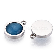 304 Stainless Steel Pendants, Manual Polishing, with Cat Eye, Flat Round Charm, Stainless Steel Color, 12x10x4mm, Hole: 1.6mm(STAS-T064-14P)