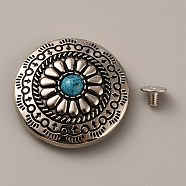 Alloy & Turquoise Craft Solid Screw Rivet, with Iron Findings, Flat Round with Flower Pattern, for DIY Luggage and Hardware Accessaries, Turquoise, 30x8.5mm, Hole: 2.5mm(FIND-WH0127-88C)