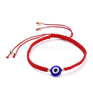 Adjustable Nylon Thread Braided Bead Bracelets, with Handmade Evil Eye Lampwork Beads and Brass Beads, Blue, Inner Diameter: 2-1/2 inch~4-1/8 inch(6.5~10.5cm)(BJEW-JB05293-03)
