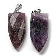 Natural Amethyst Pointed Pendants, Faceted Bullet Charms with Platinum Tone 201 Stainless Steel Snap on Bails, 42~42.5x17.5~18.5x8~8.5mm, Hole: 8.2x3mm(G-M405-07P-04)