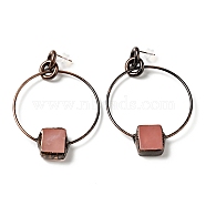 Natural Rose Quartz Ring with Rectangle Dangle Stud Earrings, Brass Jewelry for Women, Cadmium Free & Lead Free, Red Copper, 76mm, Pin: 0.6mm(G-D468-09R)