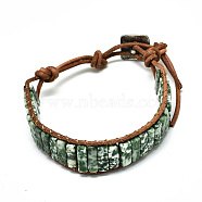Cowhide Leather Cord Bracelets, with Rectangle Natural Green Spot Jasper Beads and Alloy Findings, 9~11 inch(23~28cm)(BJEW-R309-01A-05)