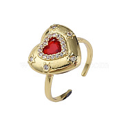 Cubic Zirconia Heart Open Cuff Ring, Real 18K Gold Plated Brass Jewelry for Women, Nickel Free, Red, US Size 8 1/4(18.3mm)(RJEW-N035-127A)